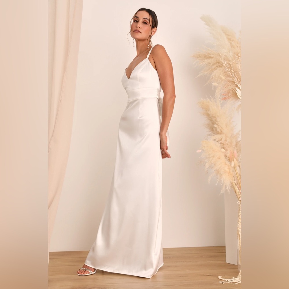 NEW Lulu’s Ready For Forever White Satin Pearl Tie-Back Maxi Dress - Picture 4 of 9